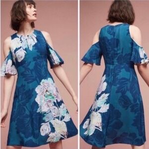 NEW Anthropologie Maeve Elia Open Shoulder Floral Dress Teal Turquoise Sz 0 NWT